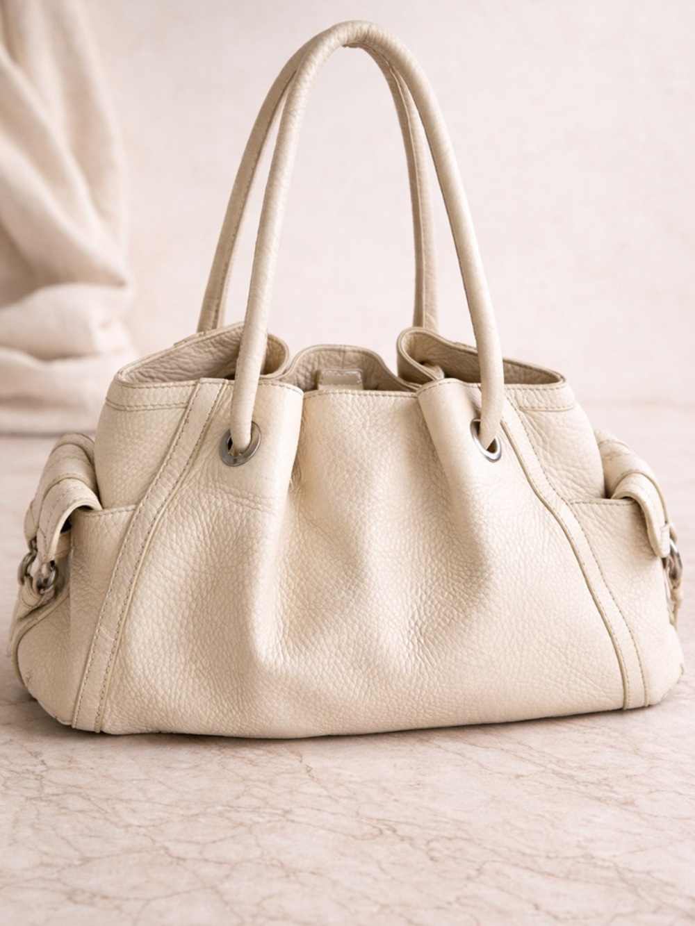 Cole Haan Ivory Pebbled Leather Shoulder Bag Soft Slouch Tote Large Neutral Luxe